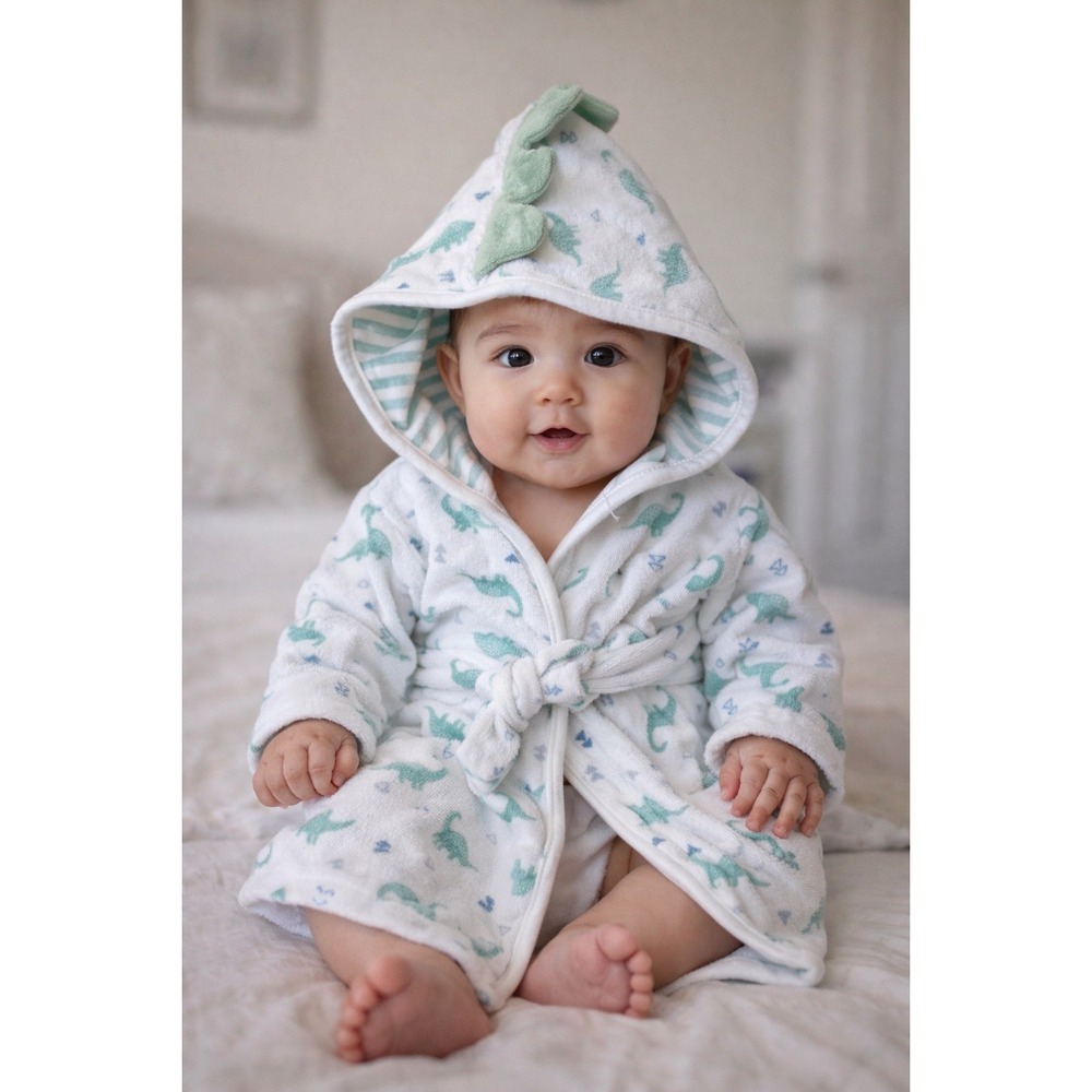 Just One You by Carters Baby Dinosaur Hooded Terry Cloth Robe White Green 0-9M